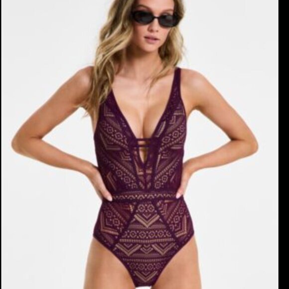 Becca Women's Color Play Crochet Plunge-Neck One-Piece Swimsuit - Medium Purple - Picture 2 of 9